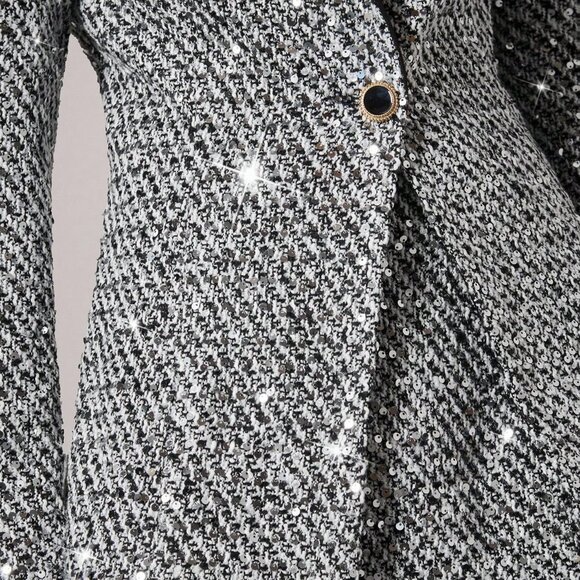 Black &White Elegant Women's glitter Sequin Blazer & Skirt Suit Set - Picture 5 of 6